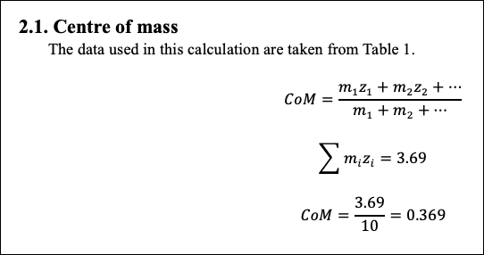 Hand-derived centre of mass calculation across the aircraft subassemblies