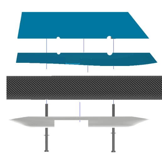 Exploded CAD view of the empennage to fuselage joint showing its fasteners and components
