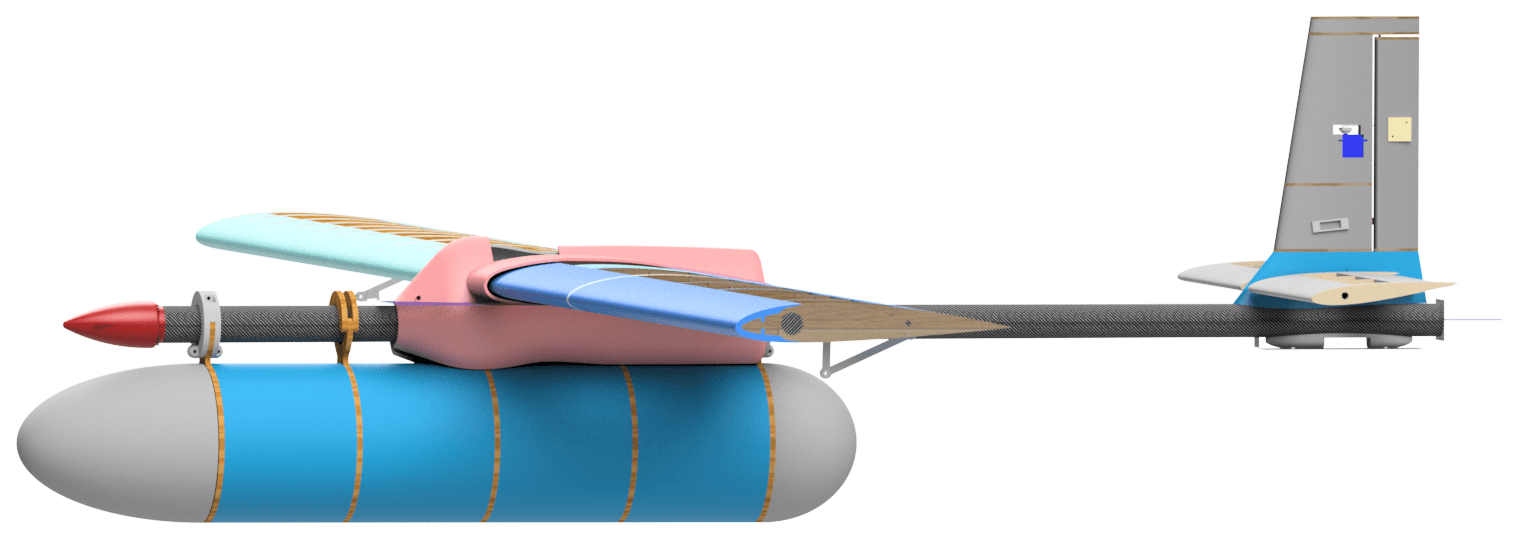 Side-view CAD render of the blood-transport UAV showing the wing, payload pod, carbon-fibre tail boom and empennage