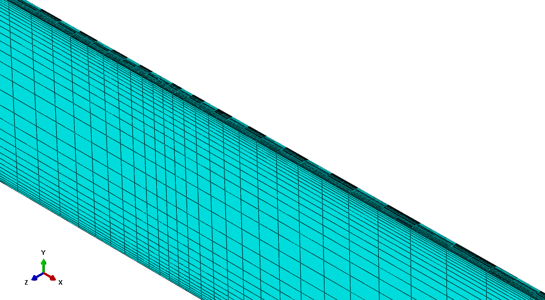Mesh detail showing all 32 plies individually resolved through the laminate thickness