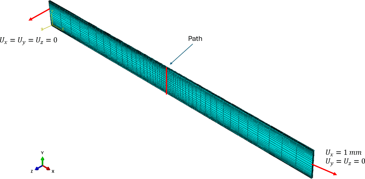 Finite-element model of the coupon strip showing boundary conditions and the mid-length extraction path across the width