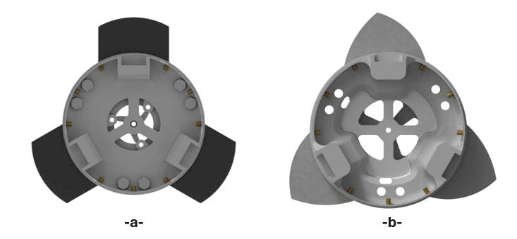 Front views of the two candidate airbrake designs, a slot geometry and a rounded petal geometry