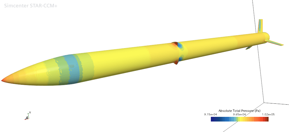 Absolute total pressure on the surface of the launch vehicle, showing the stagnation region at the nose cone and a sharp pressure change at a deployed airbrake petal