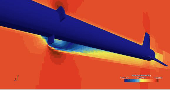 Velocity field along the vehicle with the slot airbrake design deployed, showing a long separated region running aft toward the fins
