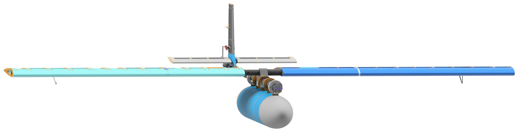 Front-view CAD render of the blood-transport UAV showing the full wingspan, the payload pod beneath the wing root and the vertical tail