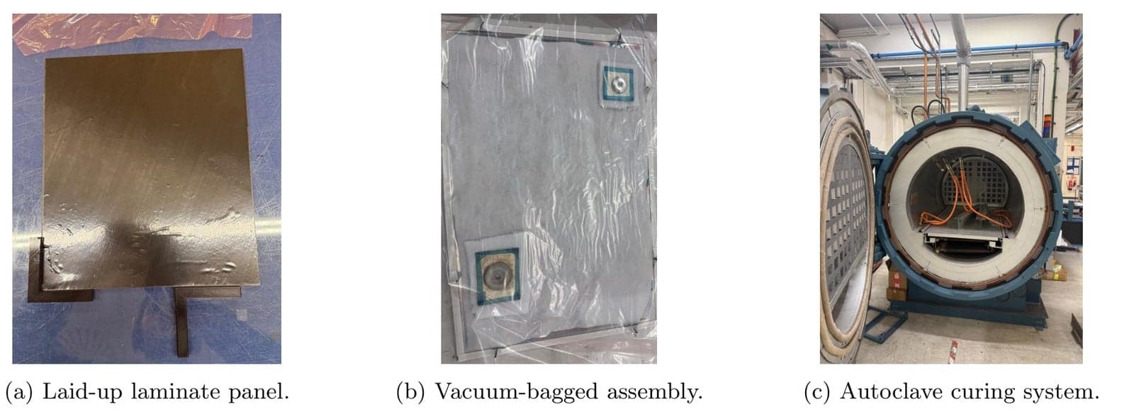 Three stages of composite manufacture: a laid-up laminate panel, the vacuum-bagged assembly, and the autoclave used for curing